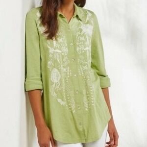 Soft Surroundings Madie Tunic Green Embroidered Floral Size XL EUC